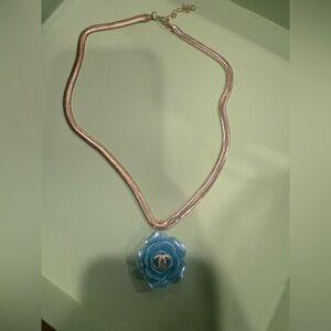 New upcycled Chanel Gold tone Chain Necklace with Blue cc  Flower Pendant